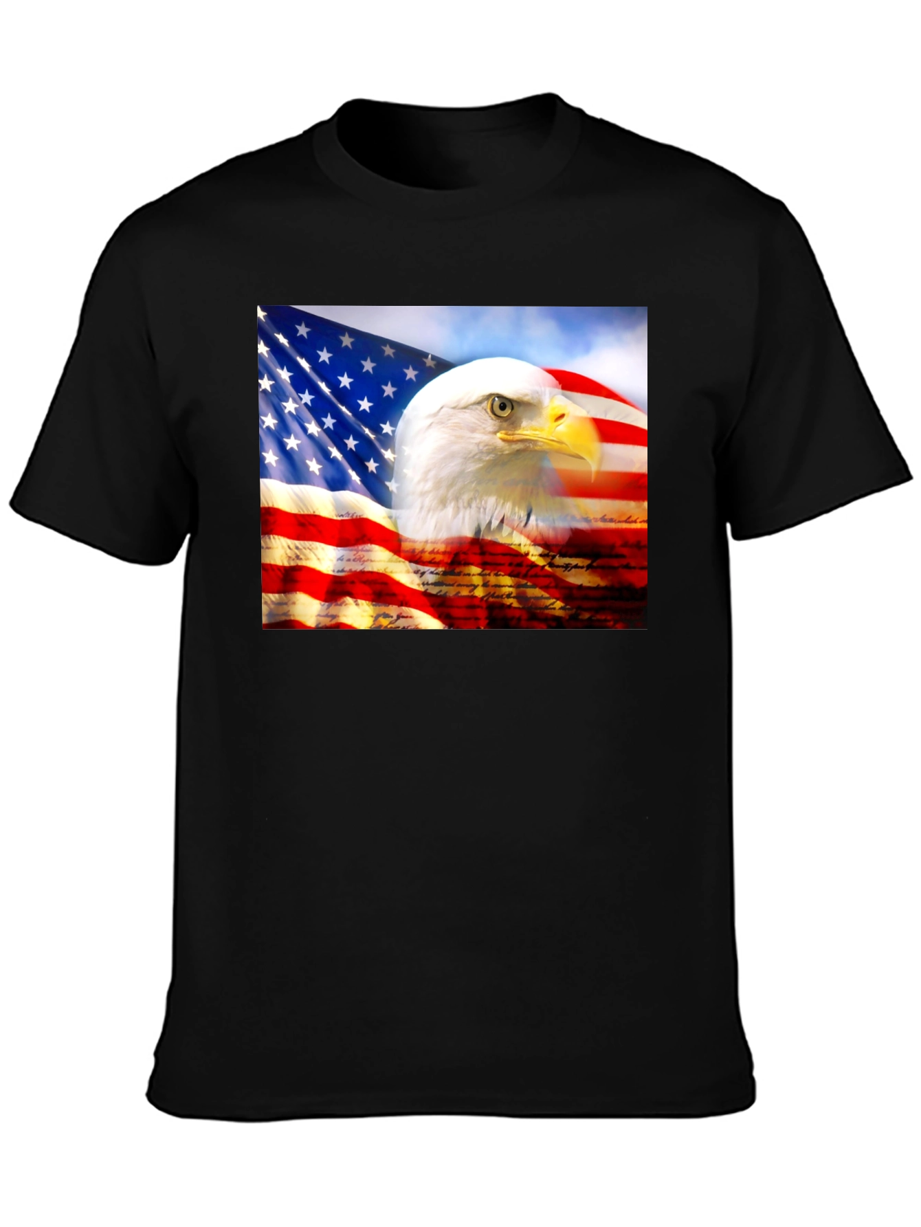 Camiseta Negra con Diseño de Águila y Bandera Americana