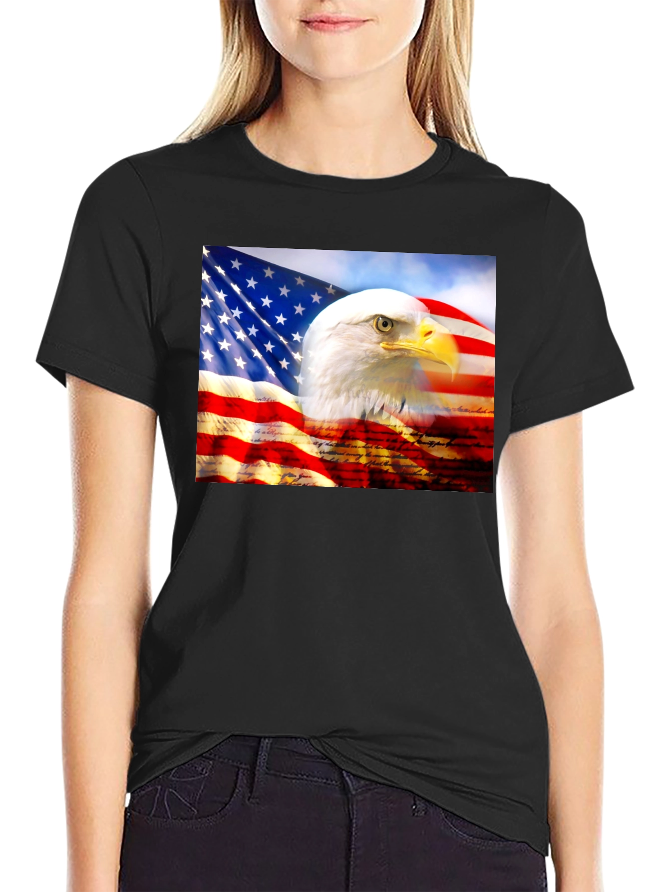 Camiseta Negra con Diseño de Águila y Bandera Americana