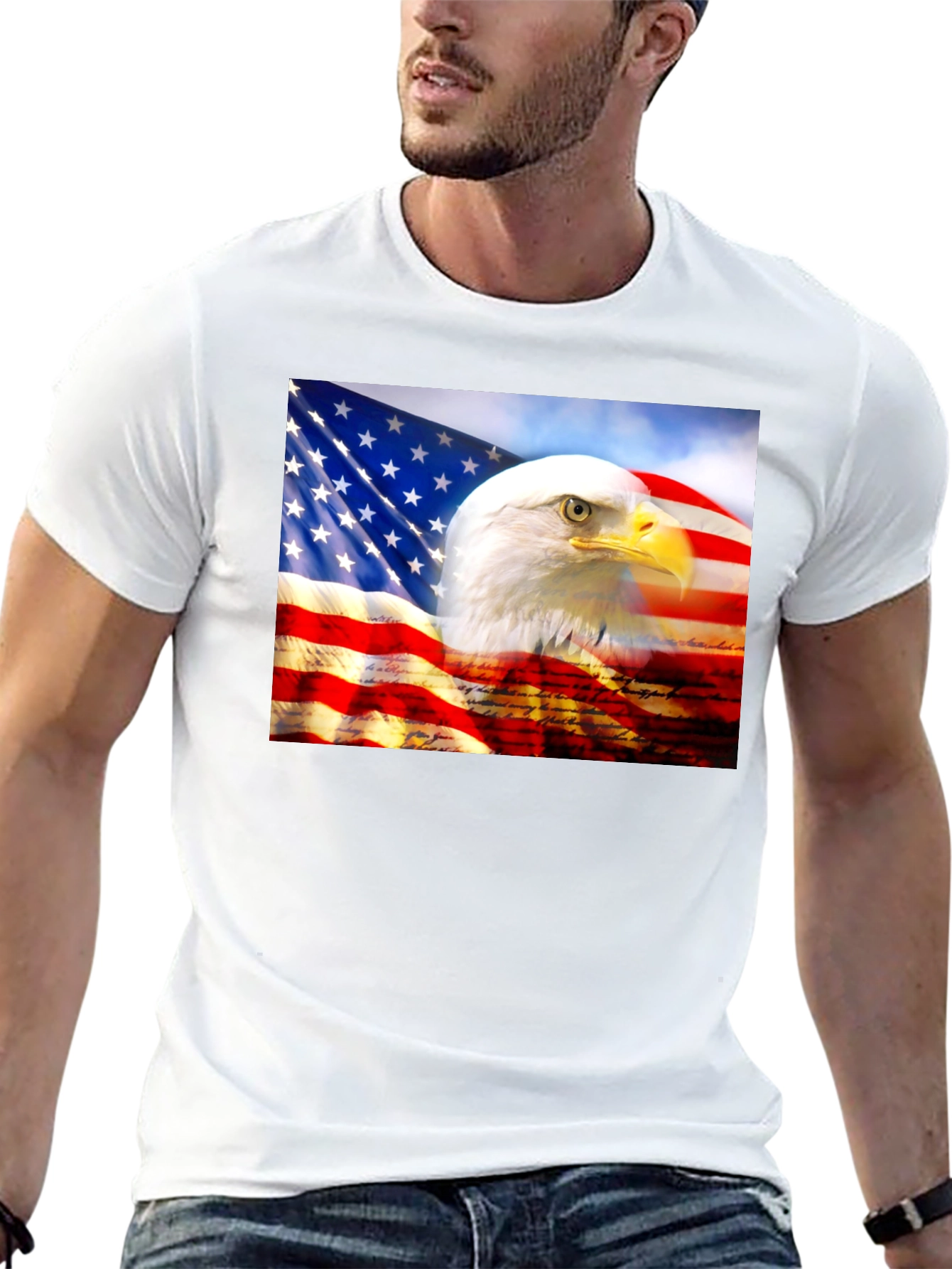 Camiseta Negra con Diseño de Águila y Bandera Americana