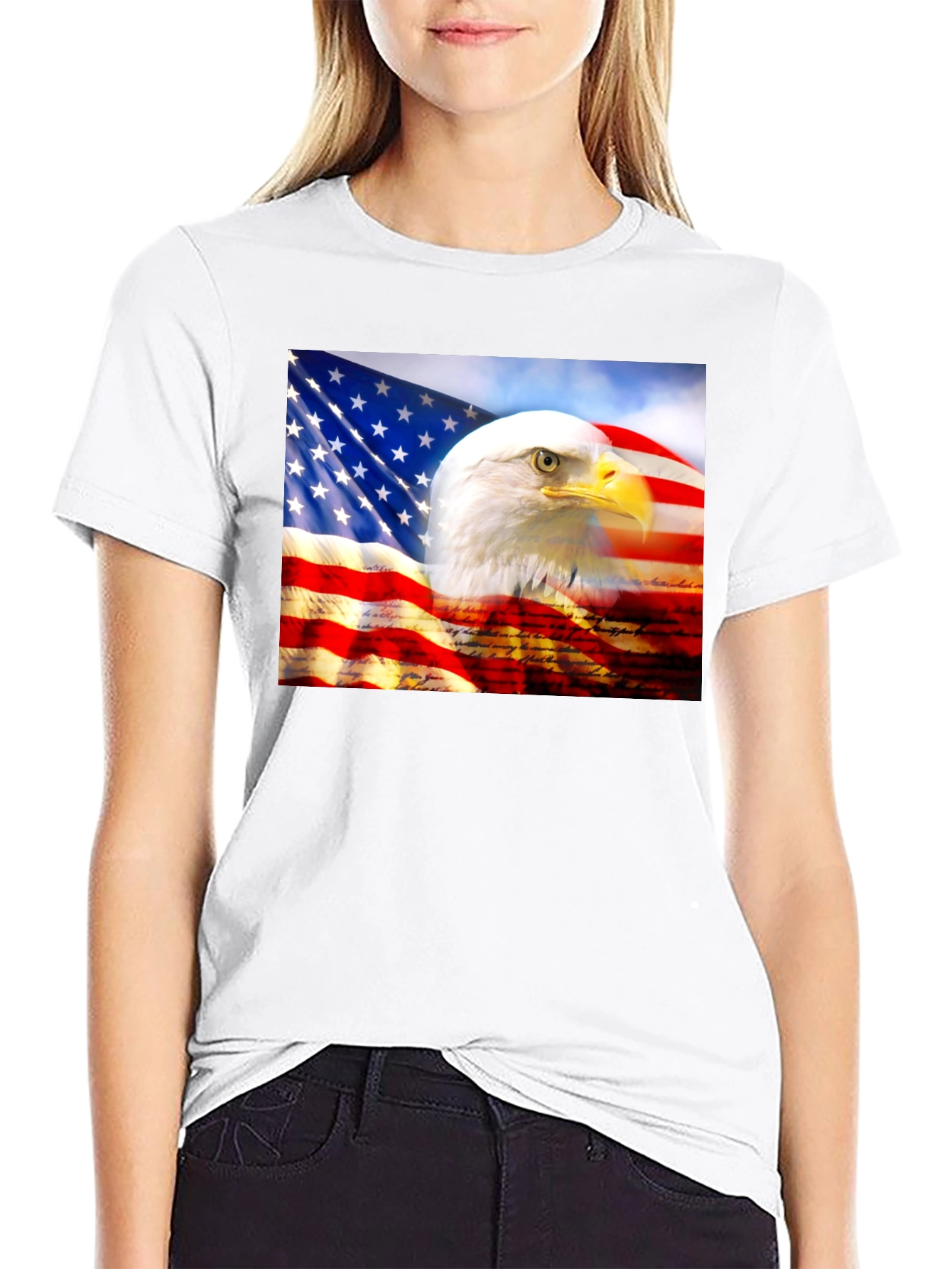 Camiseta Negra con Diseño de Águila y Bandera Americana