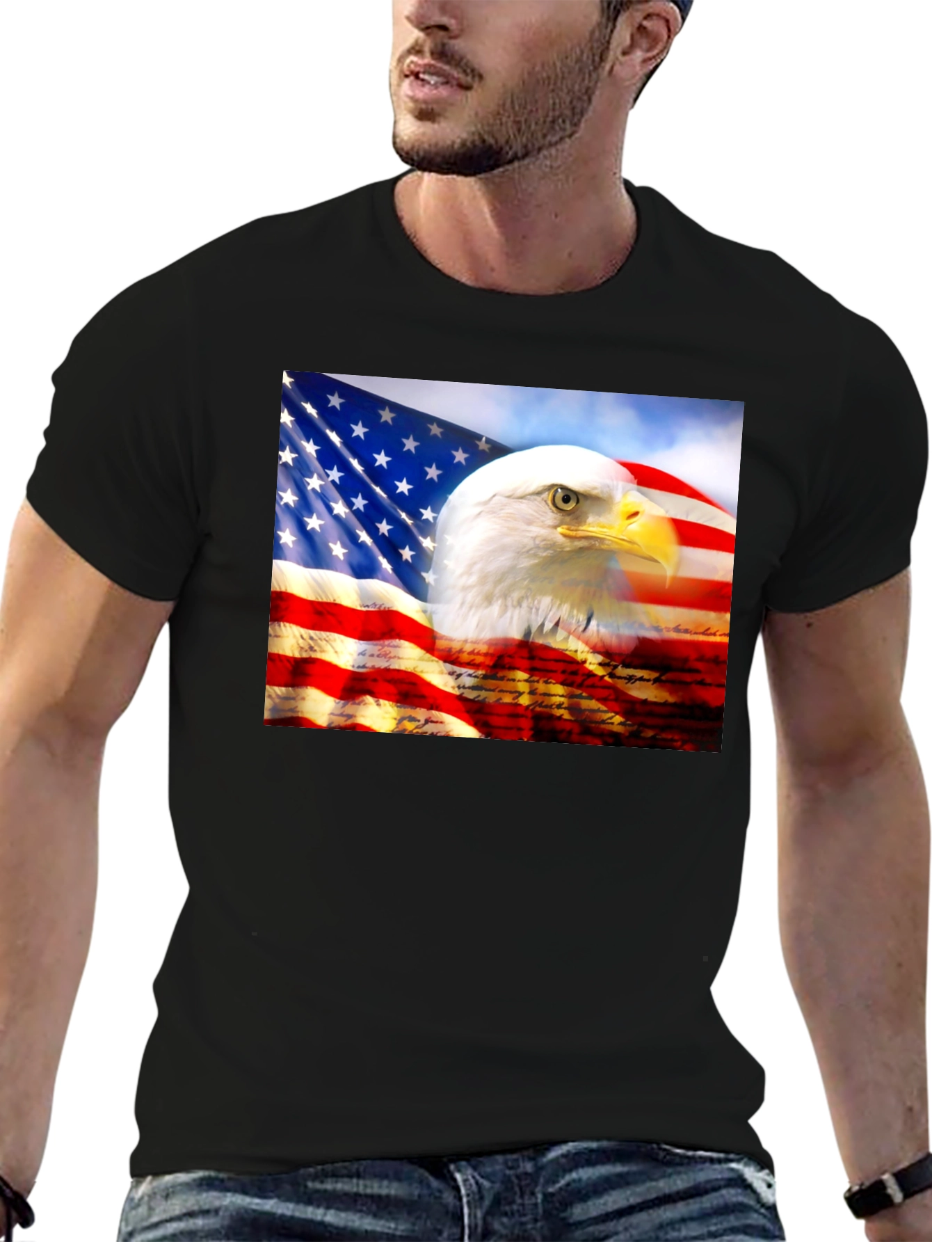 Camiseta Negra con Diseño de Águila y Bandera Americana