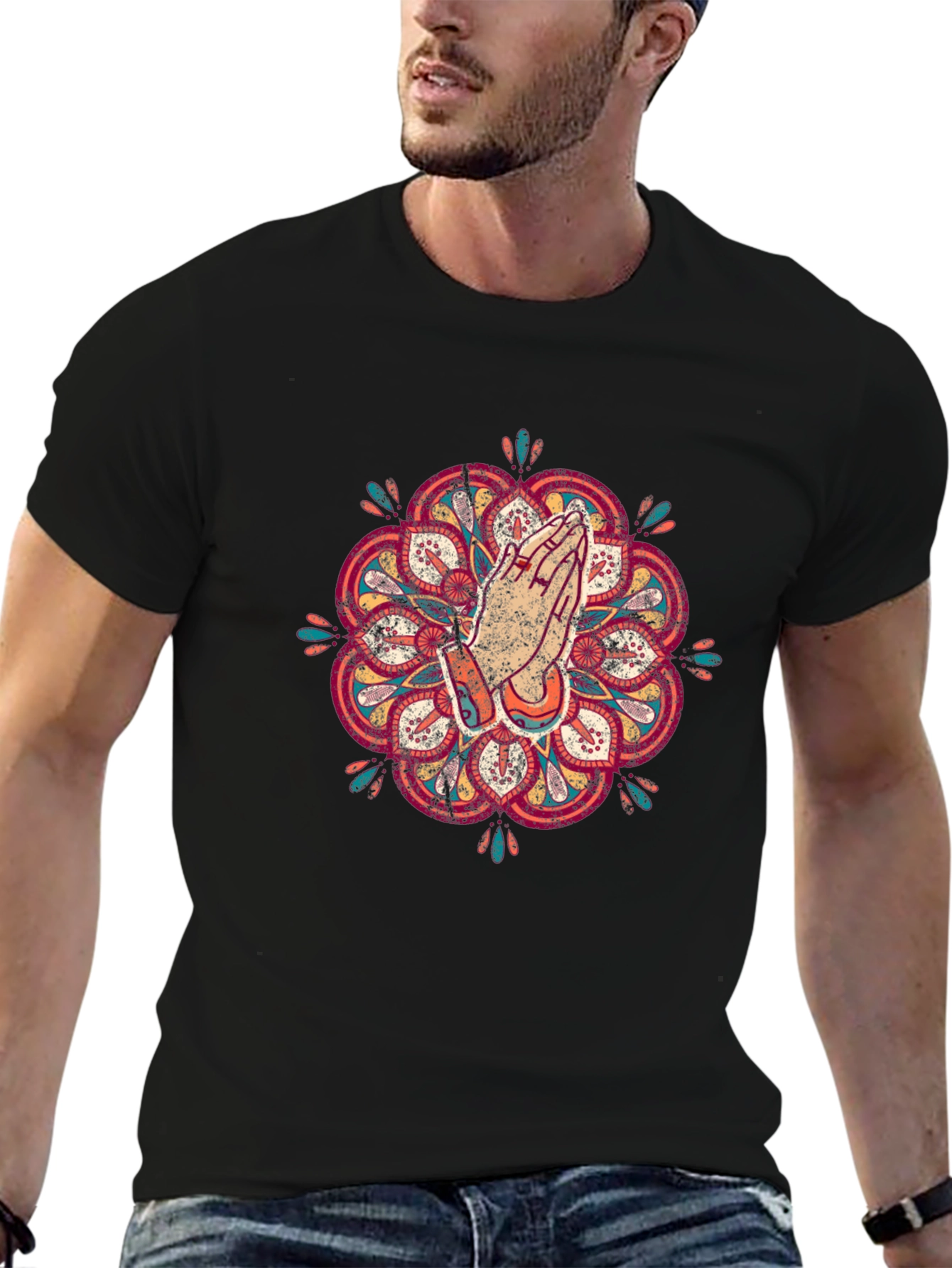 Camiseta Negra Mandala Oración Hombre Casual