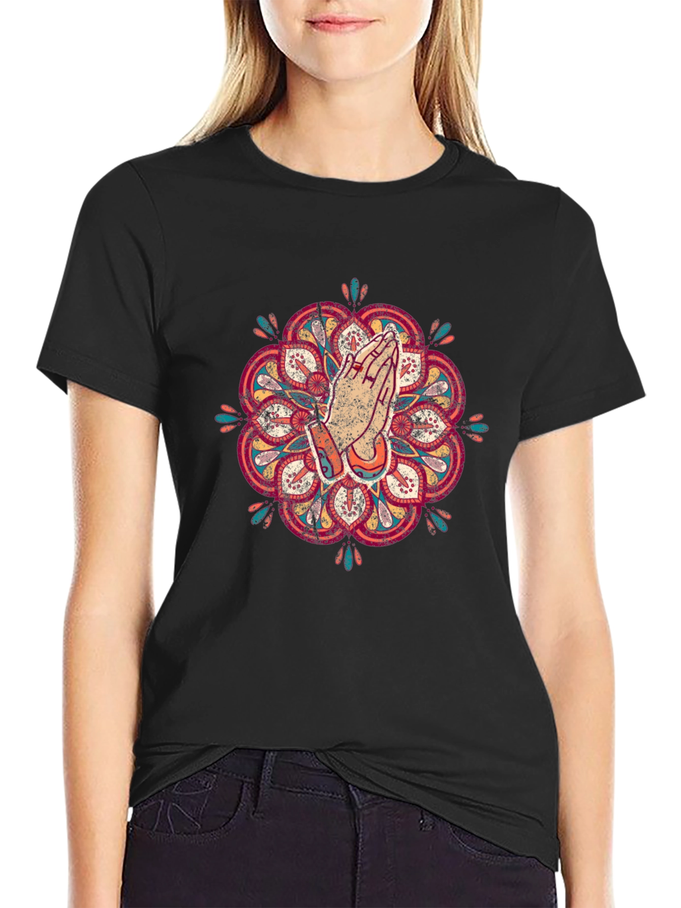 Camiseta Negra Mandala Oración Hombre Casual