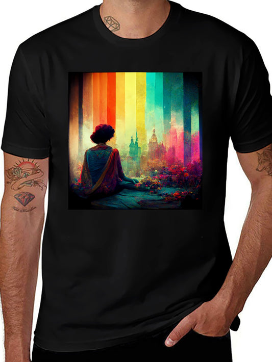 Camiseta Negra con Diseño Artístico Mujer y Ciudad Colorida