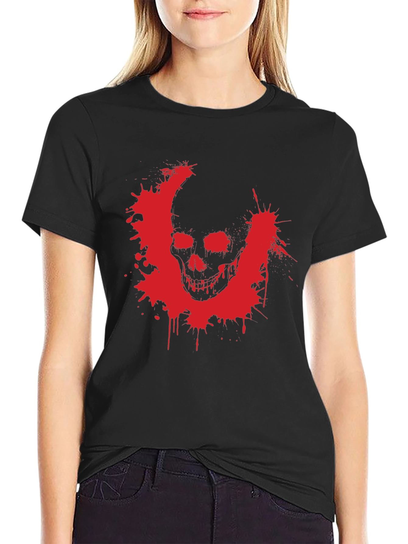 Camiseta Negra con Estampado de Calavera Roja