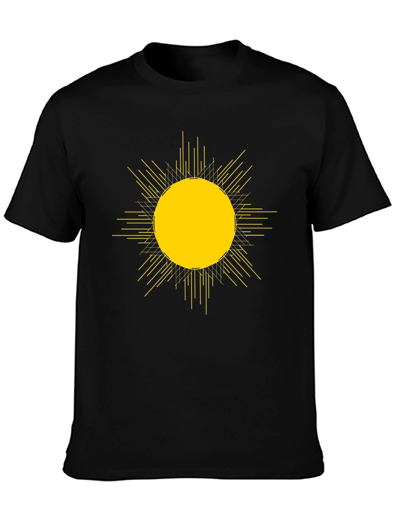 Camiseta Negra con Diseño de Sol Abstracto Amarillo