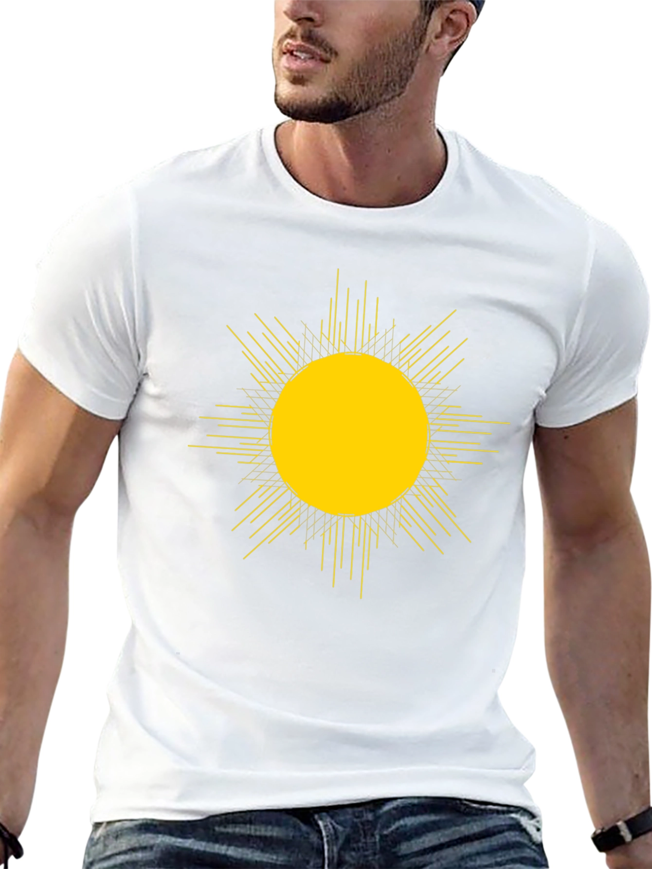 Camiseta Negra con Diseño de Sol Abstracto Amarillo