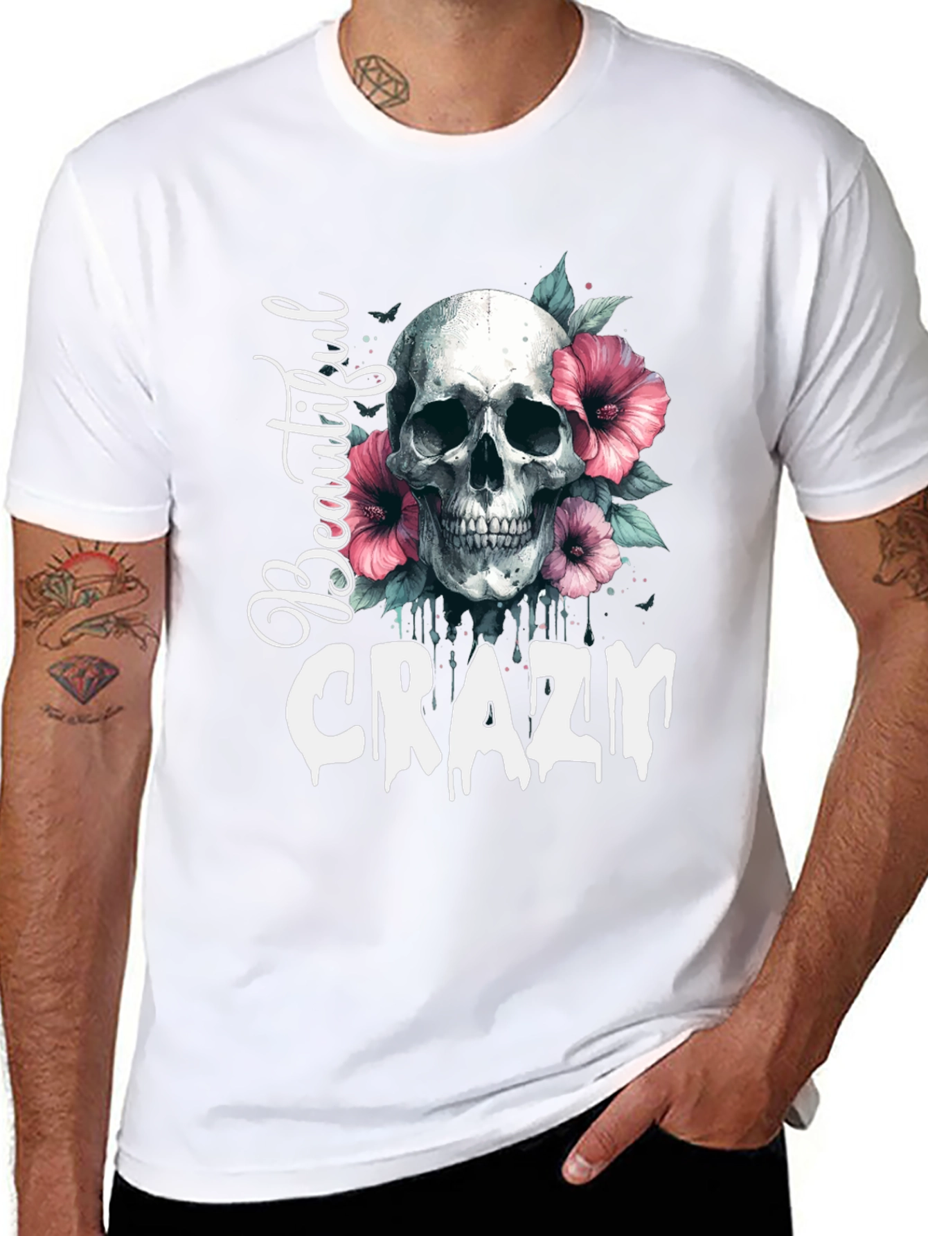Camiseta Negra: Calavera Flores y Letras Beautiful Crazy