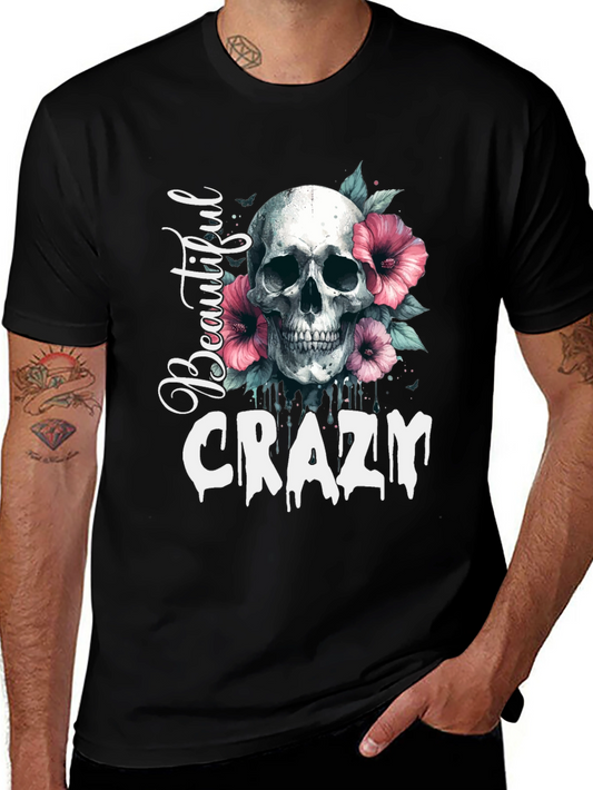 Camiseta Negra: Calavera Flores y Letras Beautiful Crazy