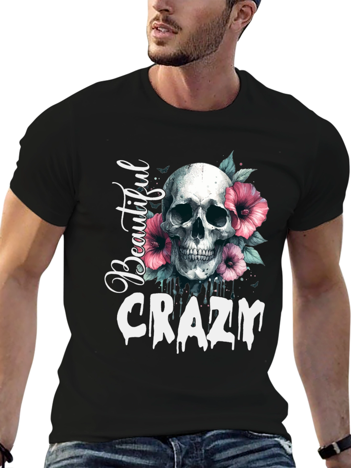 Camiseta Negra: Calavera Flores y Letras Beautiful Crazy