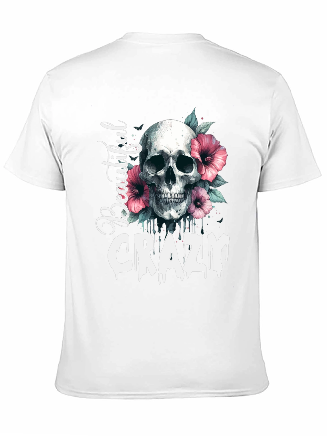 Camiseta Negra: Calavera Flores y Letras Beautiful Crazy