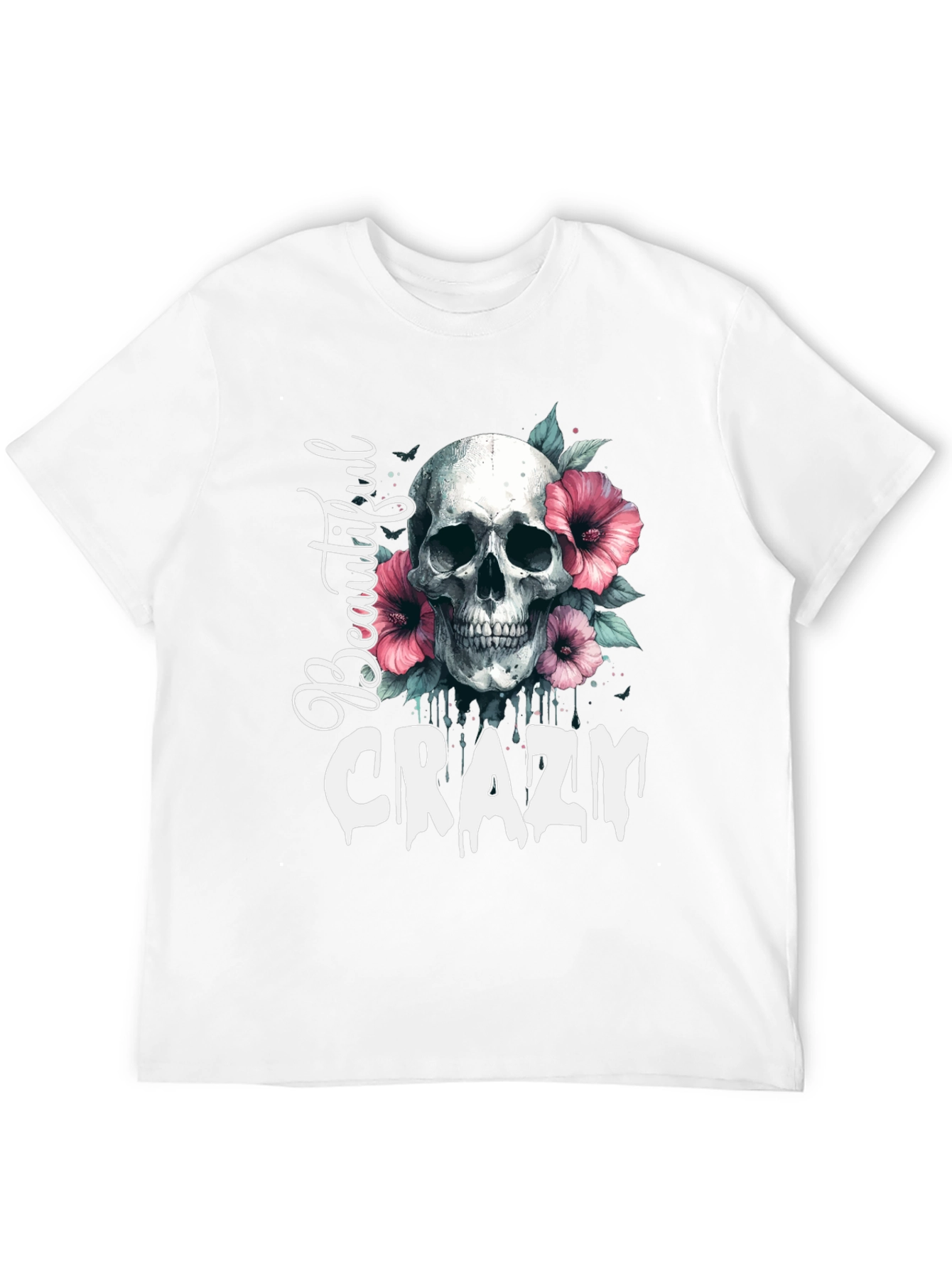 Camiseta Negra: Calavera Flores y Letras Beautiful Crazy