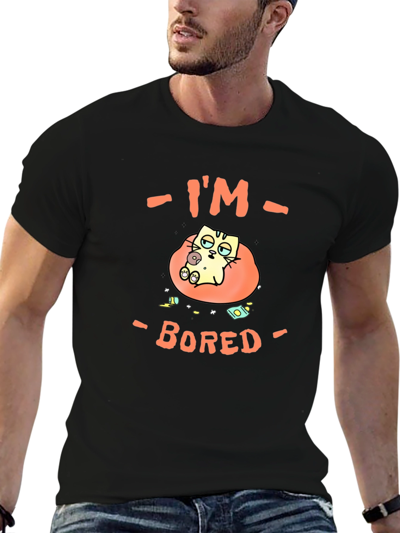 Camiseta Negra Estoy Aburrido Diseño de Gato