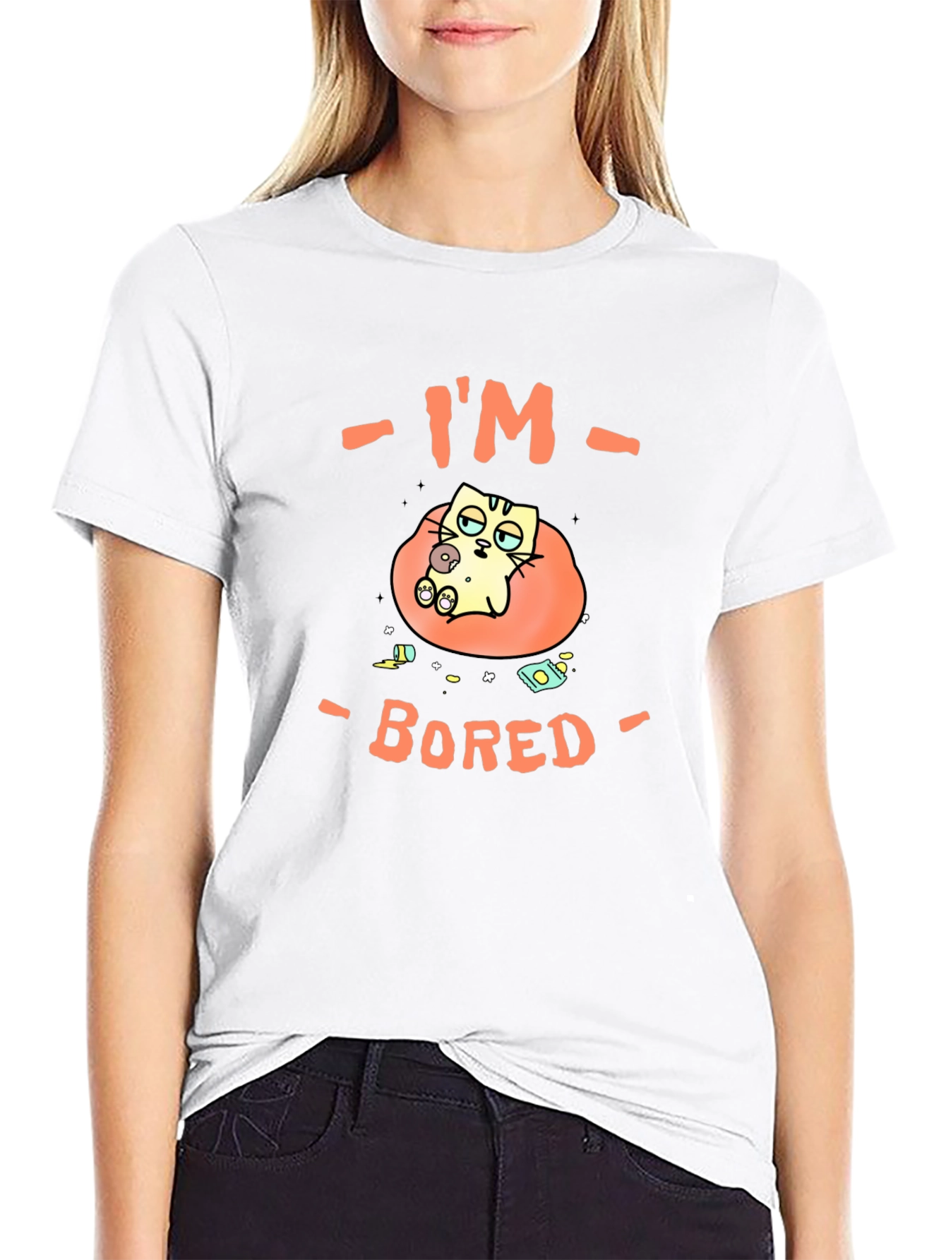 Camiseta Negra Estoy Aburrido Diseño de Gato