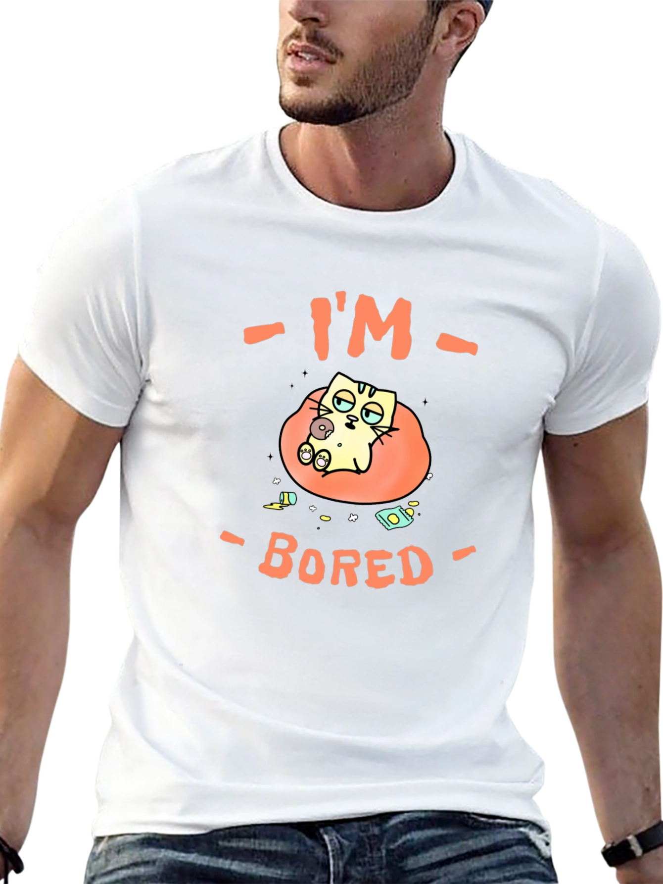 Camiseta Negra Estoy Aburrido Diseño de Gato