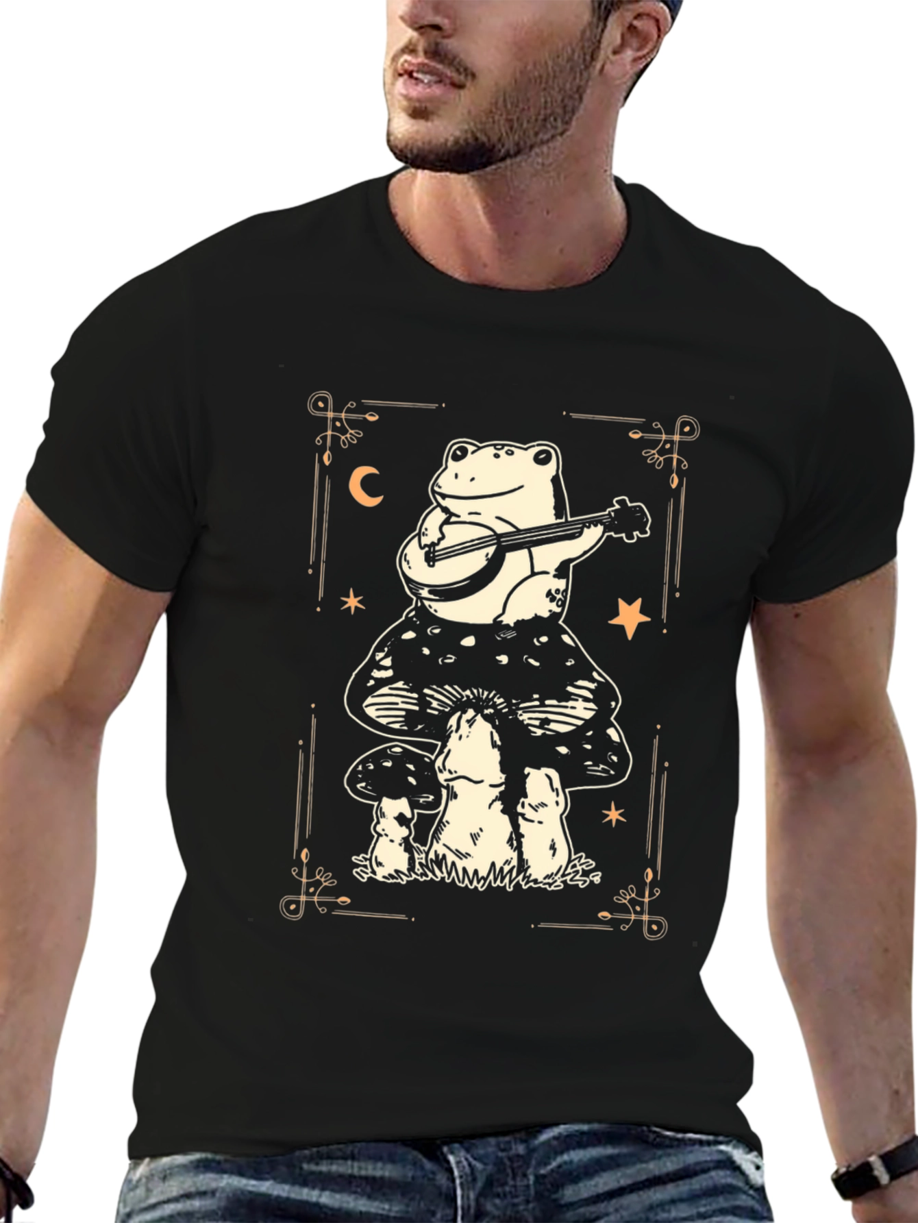Camiseta Negra con Rana Músico en Setas