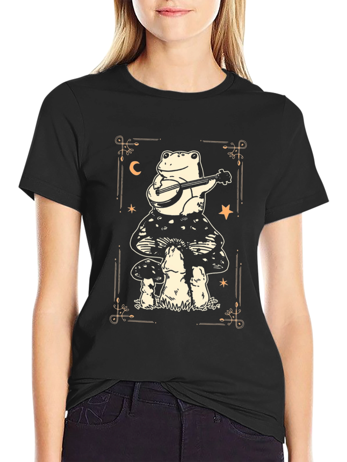 Camiseta Negra con Rana Músico en Setas