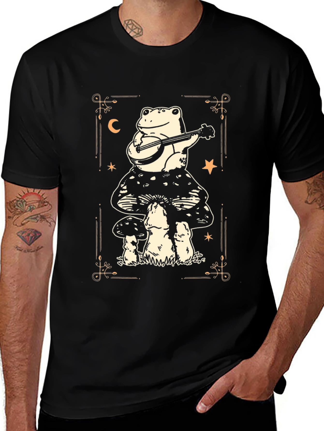 Camiseta Negra con Rana Músico en Setas