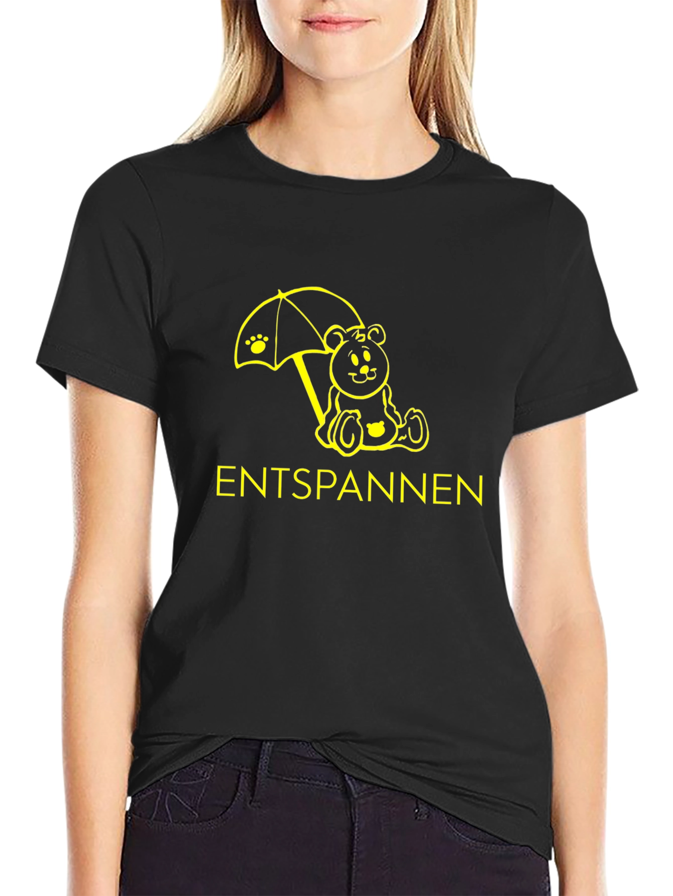 Camiseta Negra Relax con Oso y Paraguas
