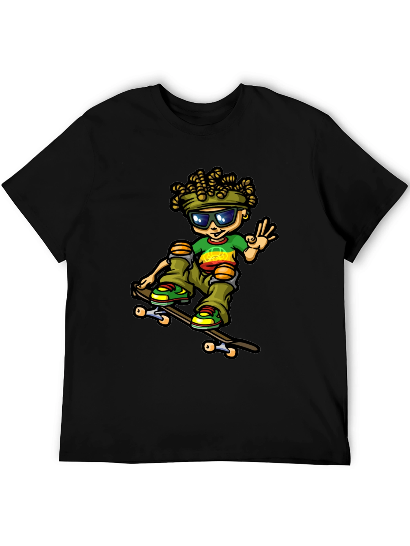 Camiseta Negra con Diseño de Skater Rasta