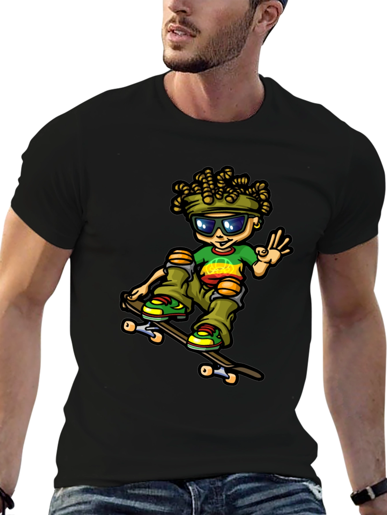 Camiseta Negra con Diseño de Skater Rasta