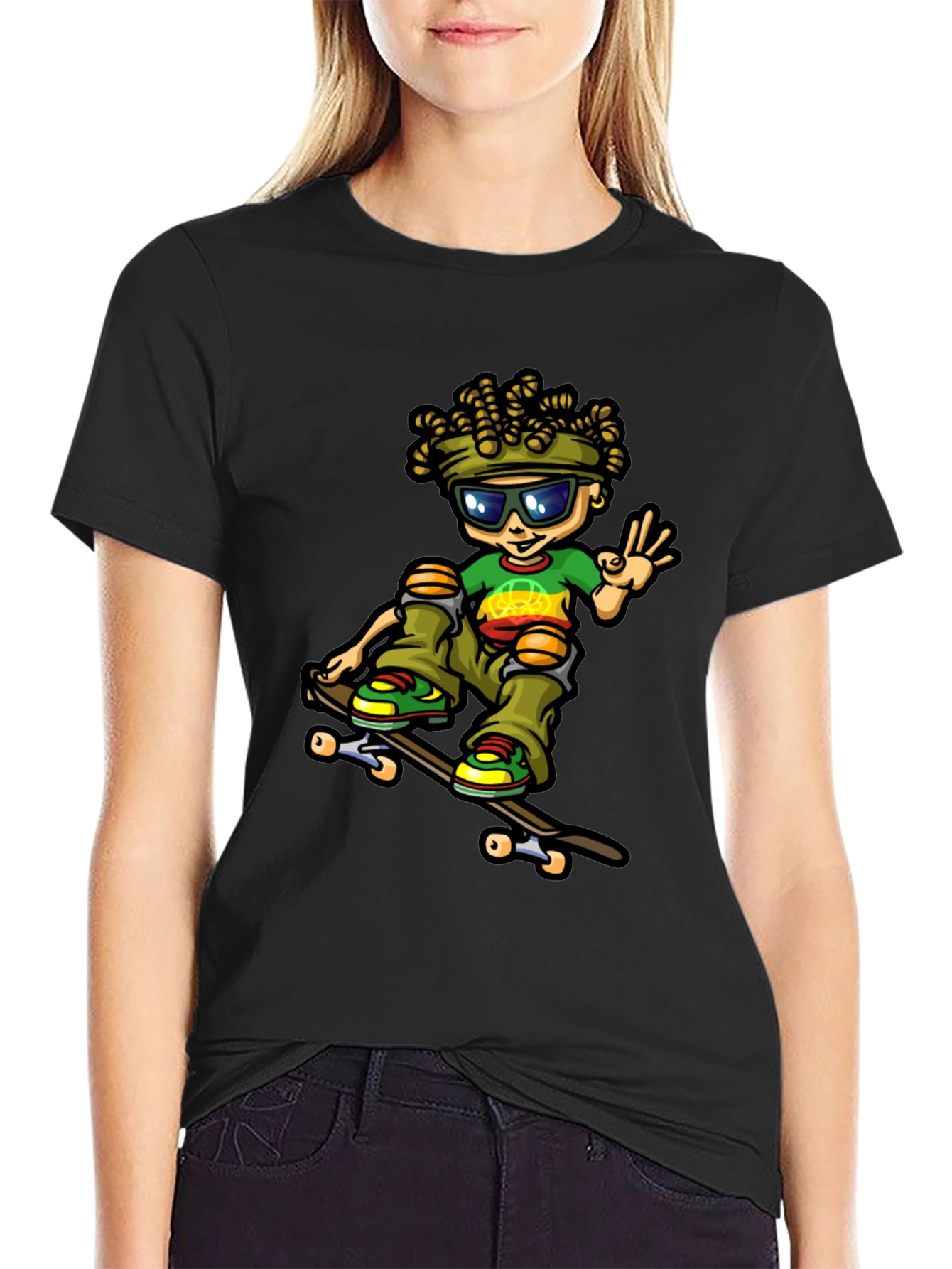 Camiseta Negra con Diseño de Skater Rasta