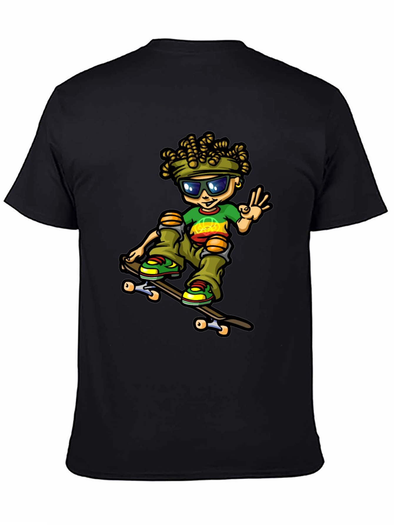 Camiseta Negra con Diseño de Skater Rasta