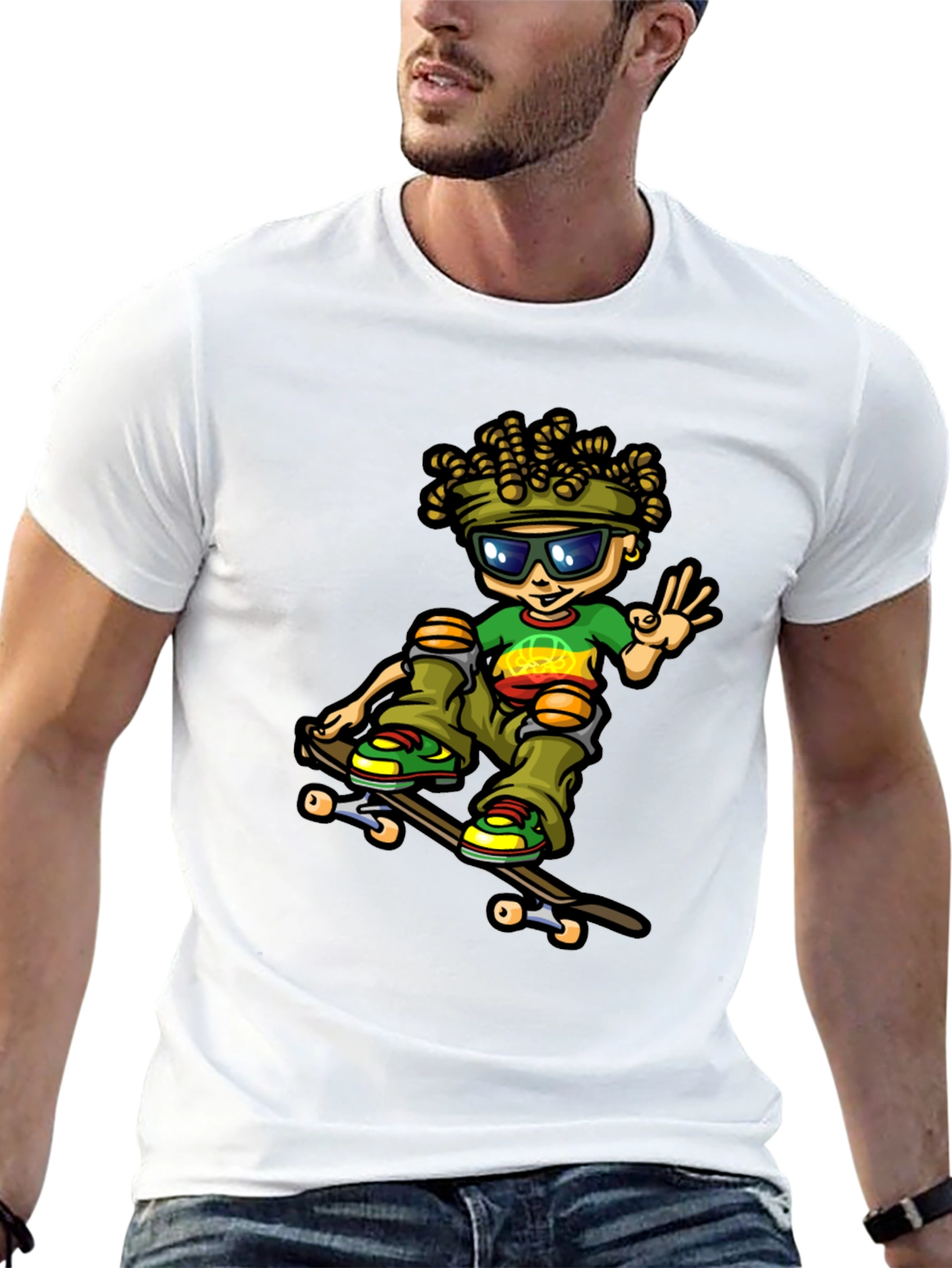 Camiseta Negra con Diseño de Skater Rasta