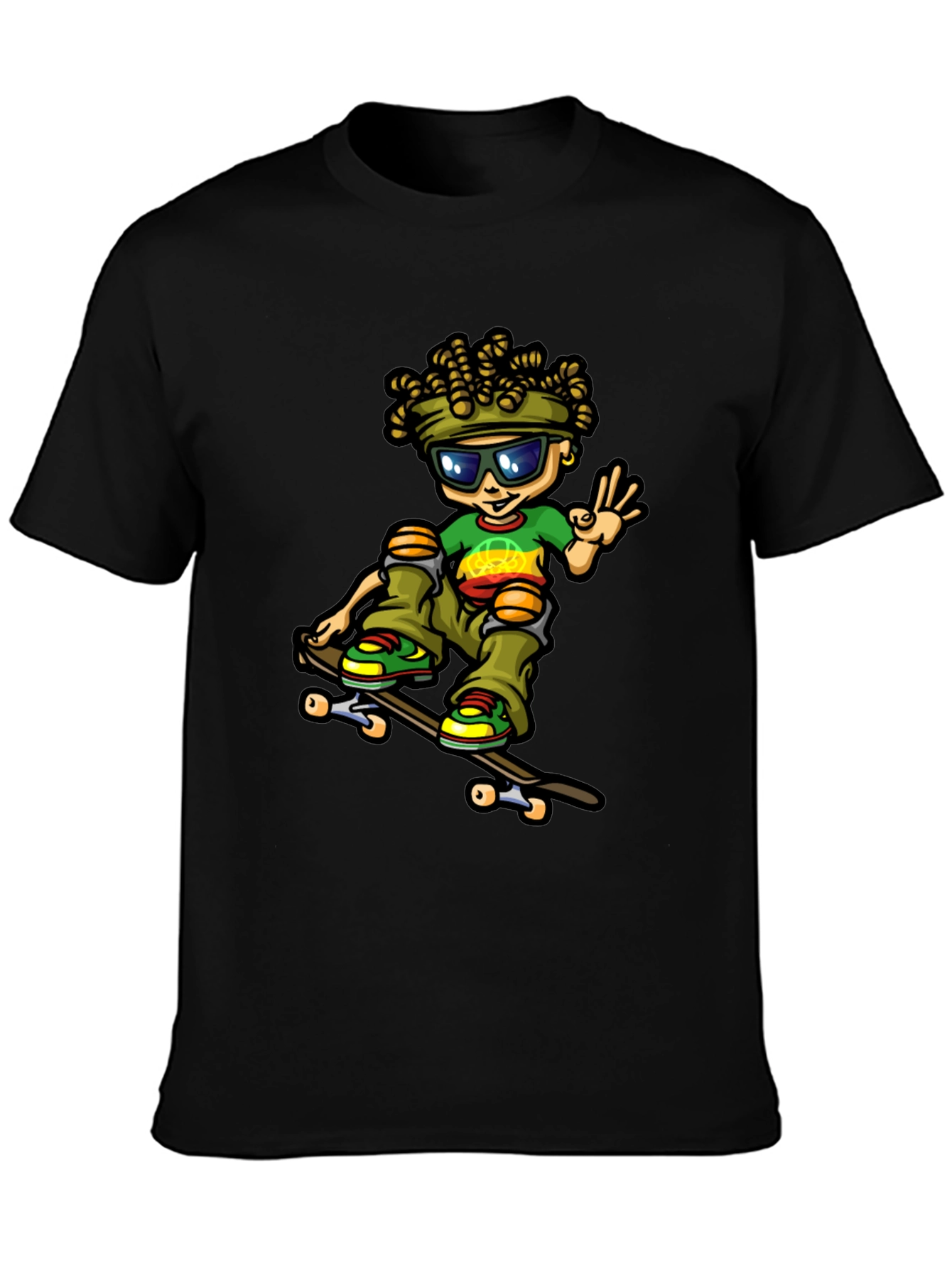 Camiseta Negra con Diseño de Skater Rasta