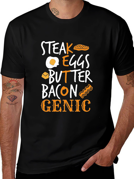 Camiseta Steak Eggs Butter Bacon Genic Negra Hombre