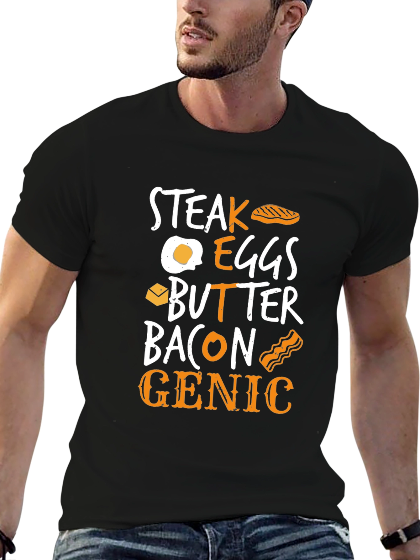 Camiseta Steak Eggs Butter Bacon Genic Negra Hombre