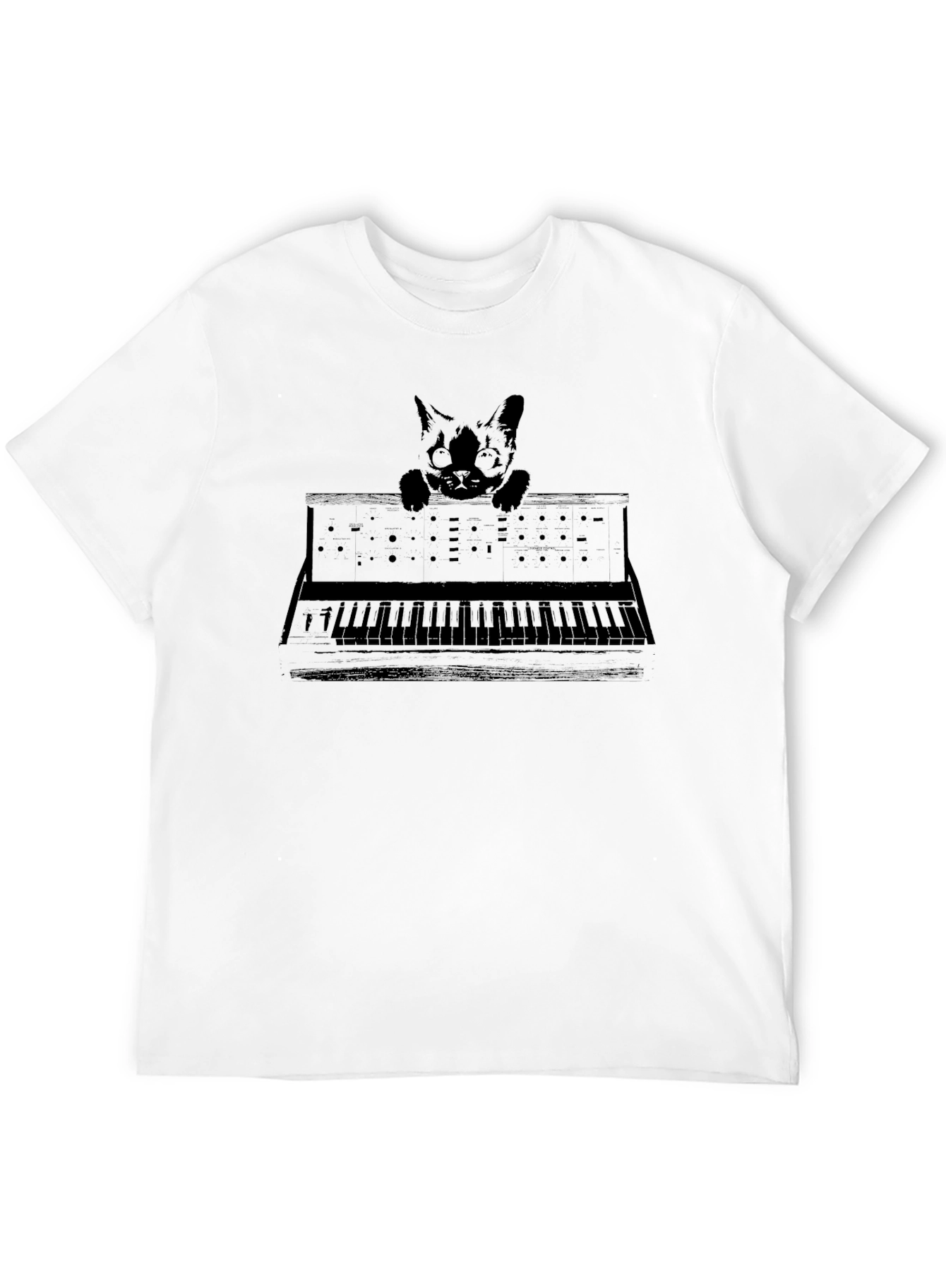 Camiseta Negra con Diseño de Gato y Sintetizador