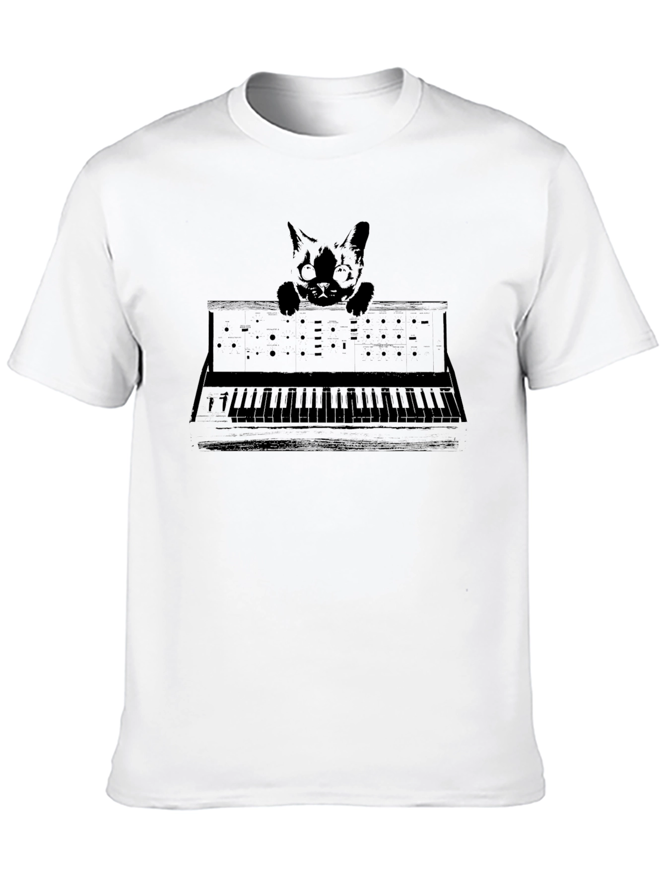 Camiseta Negra con Diseño de Gato y Sintetizador