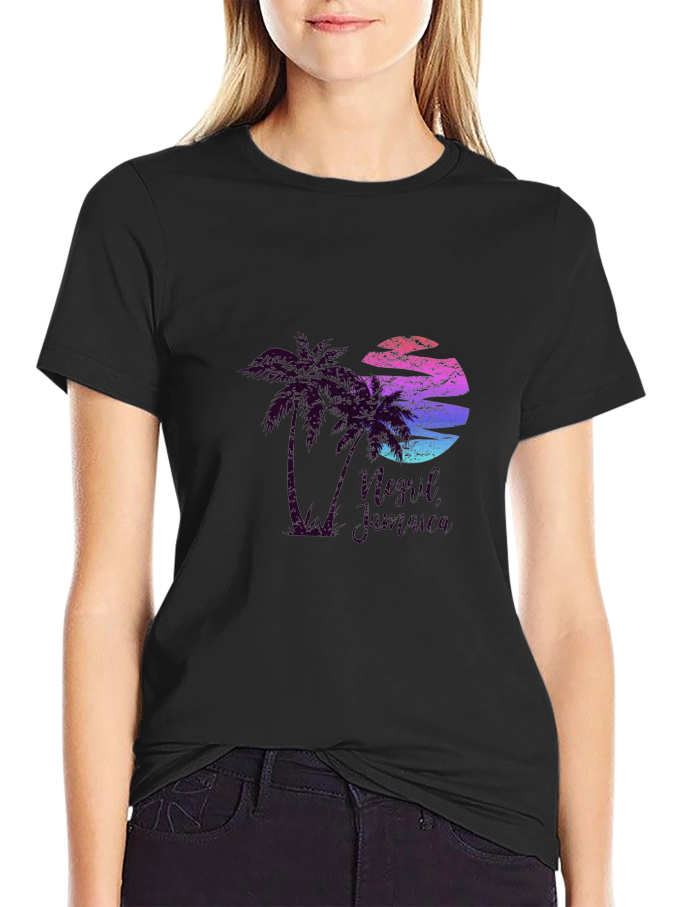 Camiseta Negra con Diseño Tropical Retro