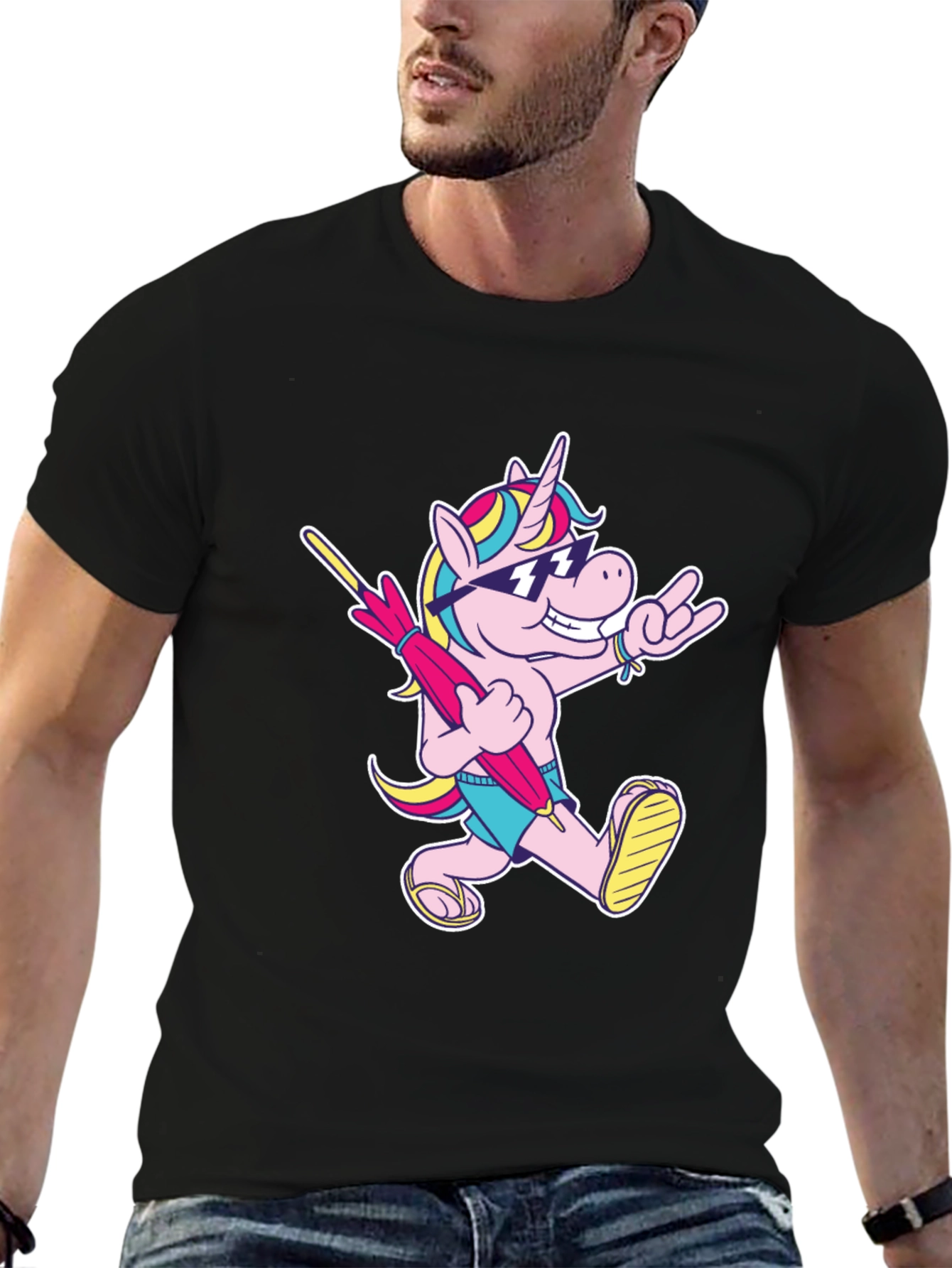 Camiseta Negra con Unicornio Playero Divertido
