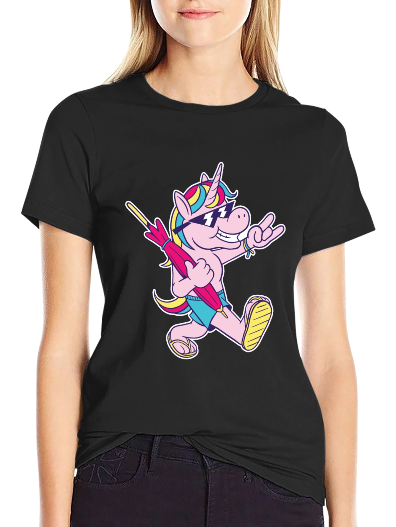 Camiseta Negra con Unicornio Playero Divertido