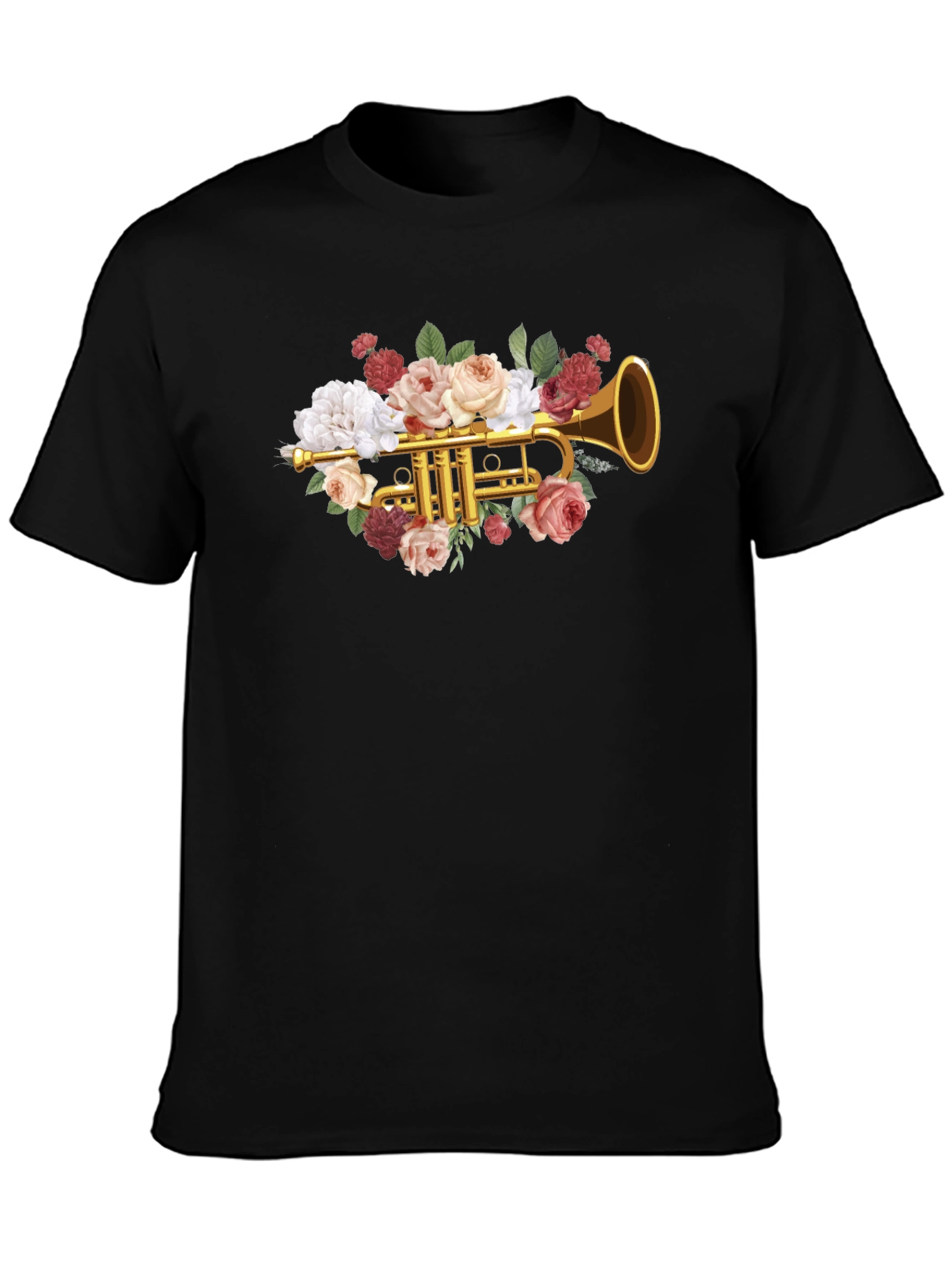 Camiseta Negra con Diseño Floral de Trompeta