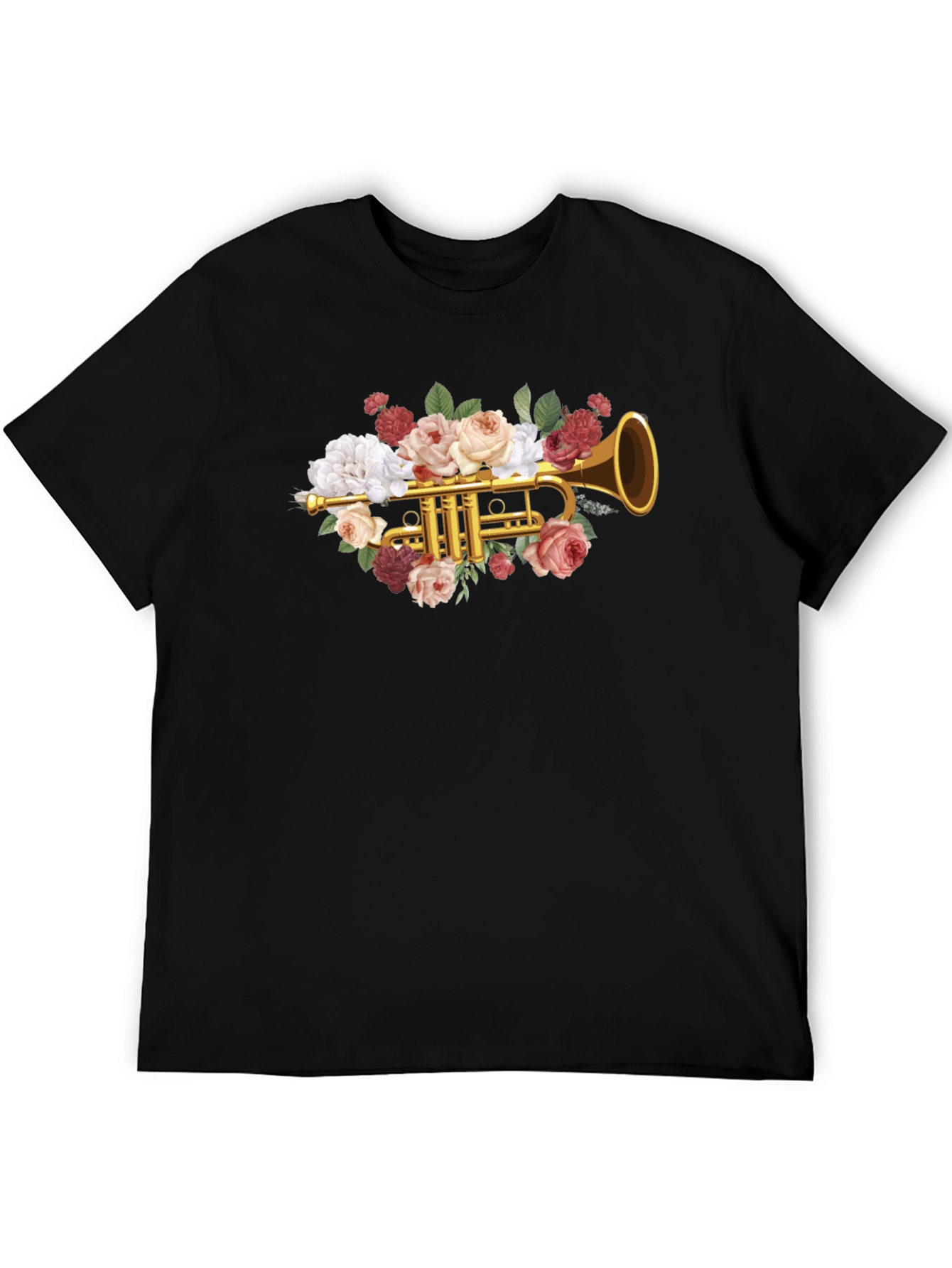 Camiseta Negra con Diseño Floral de Trompeta