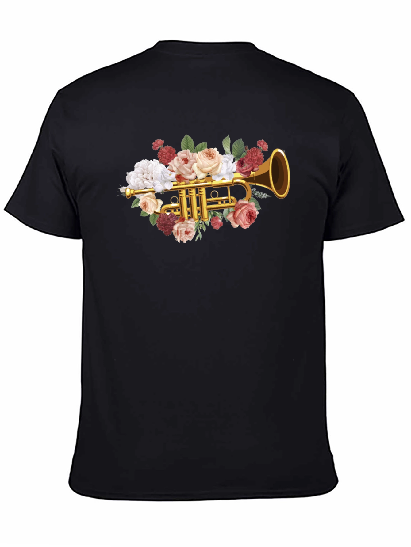 Camiseta Negra con Diseño Floral de Trompeta