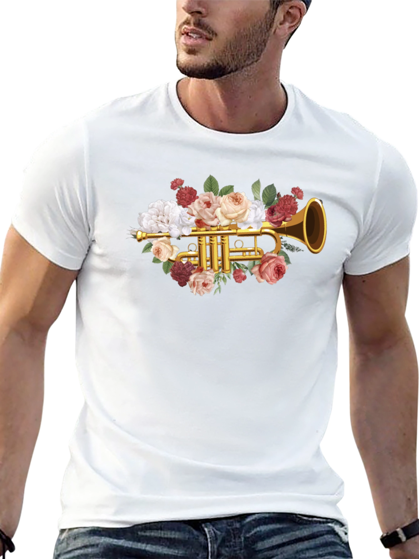 Camiseta Negra con Diseño Floral de Trompeta