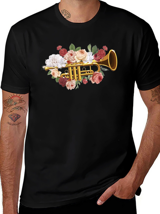 Camiseta Negra con Diseño Floral de Trompeta
