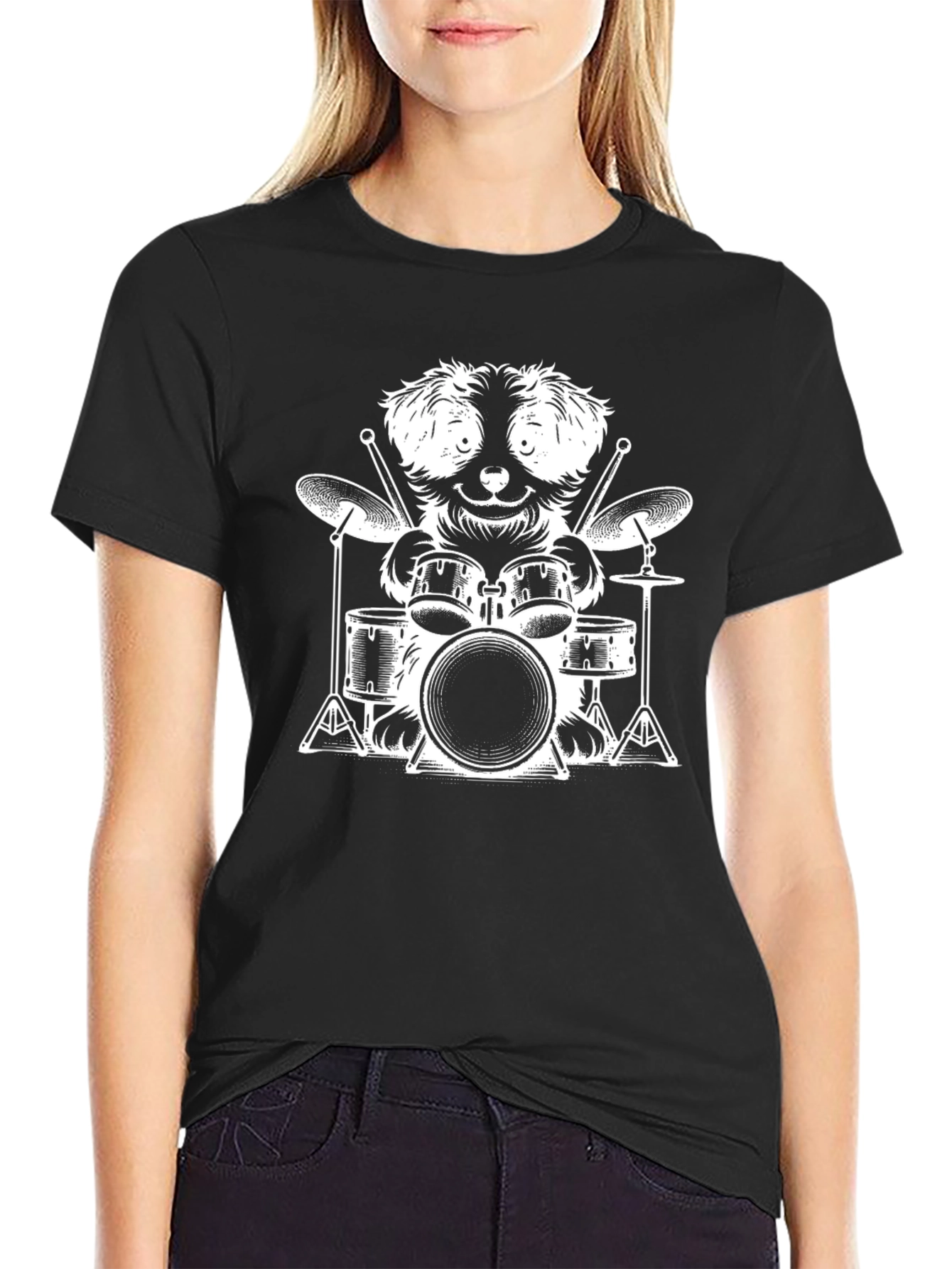 Camiseta Negra con Diseño de Perro Baterista
