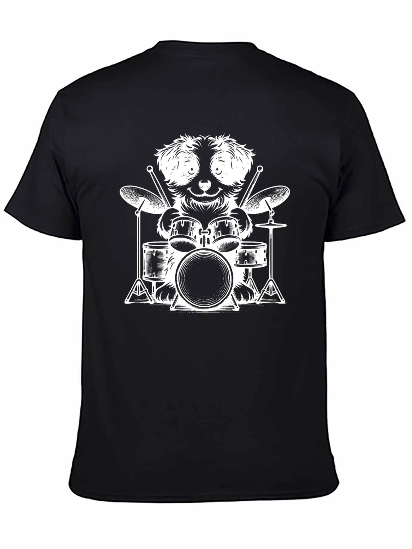 Camiseta Negra con Diseño de Perro Baterista
