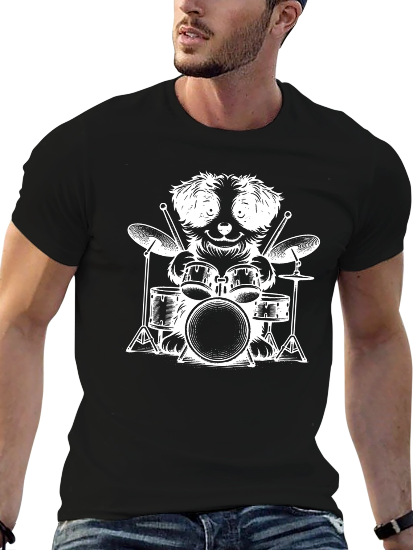 Camiseta Negra con Diseño de Perro Baterista