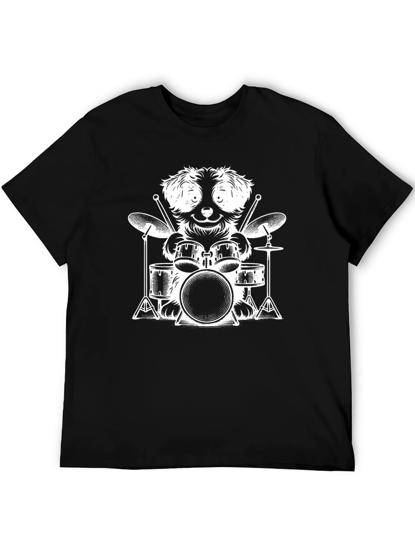 Camiseta Negra con Diseño de Perro Baterista