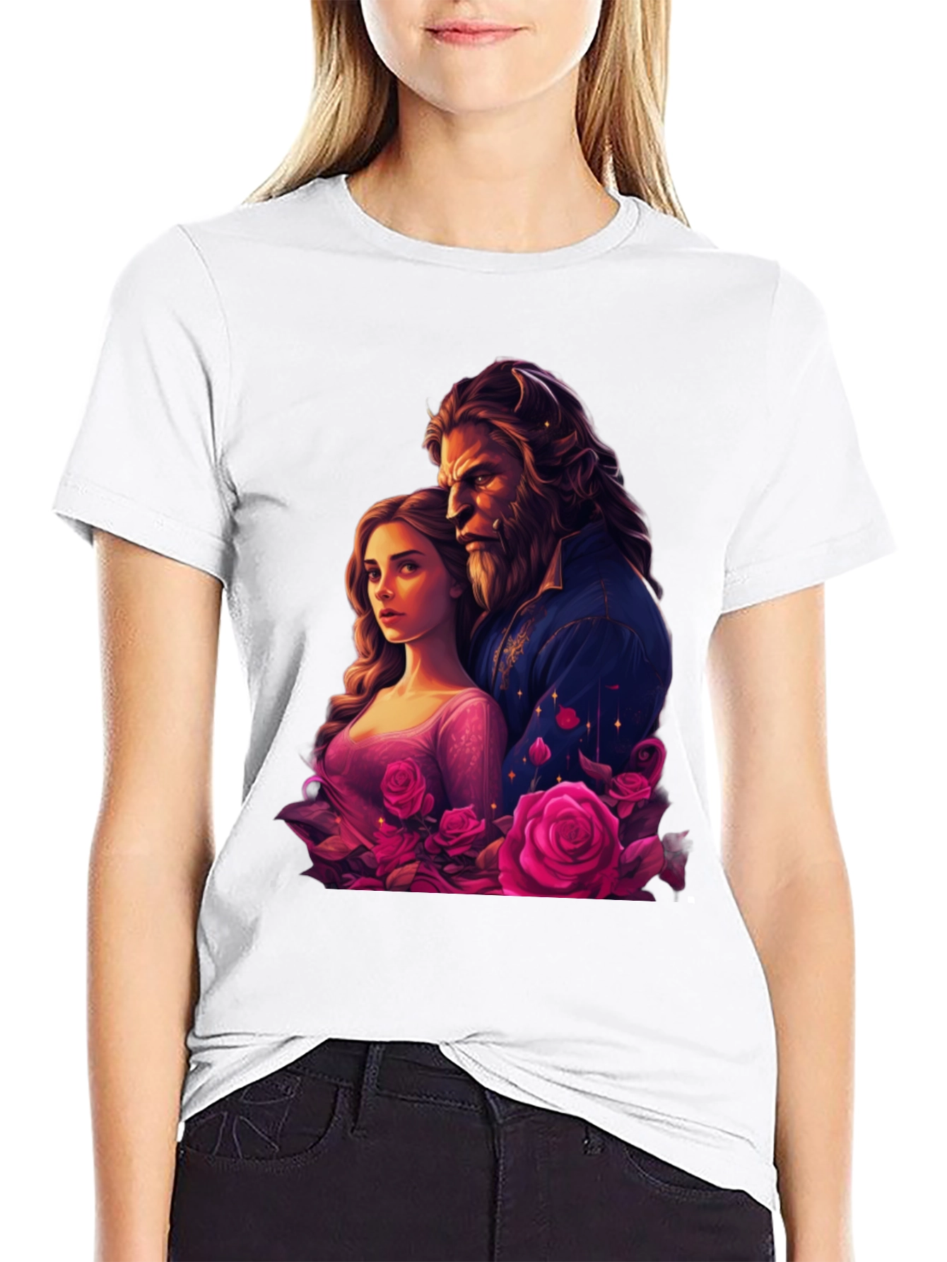 Camiseta Bella y Bestia Rosas - Diseño Romántico