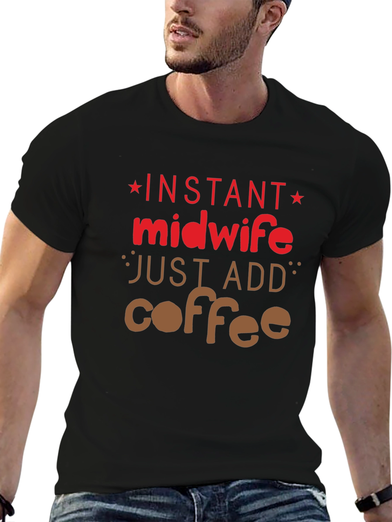 Camiseta Negra Instant Midwife Just Add Coffee