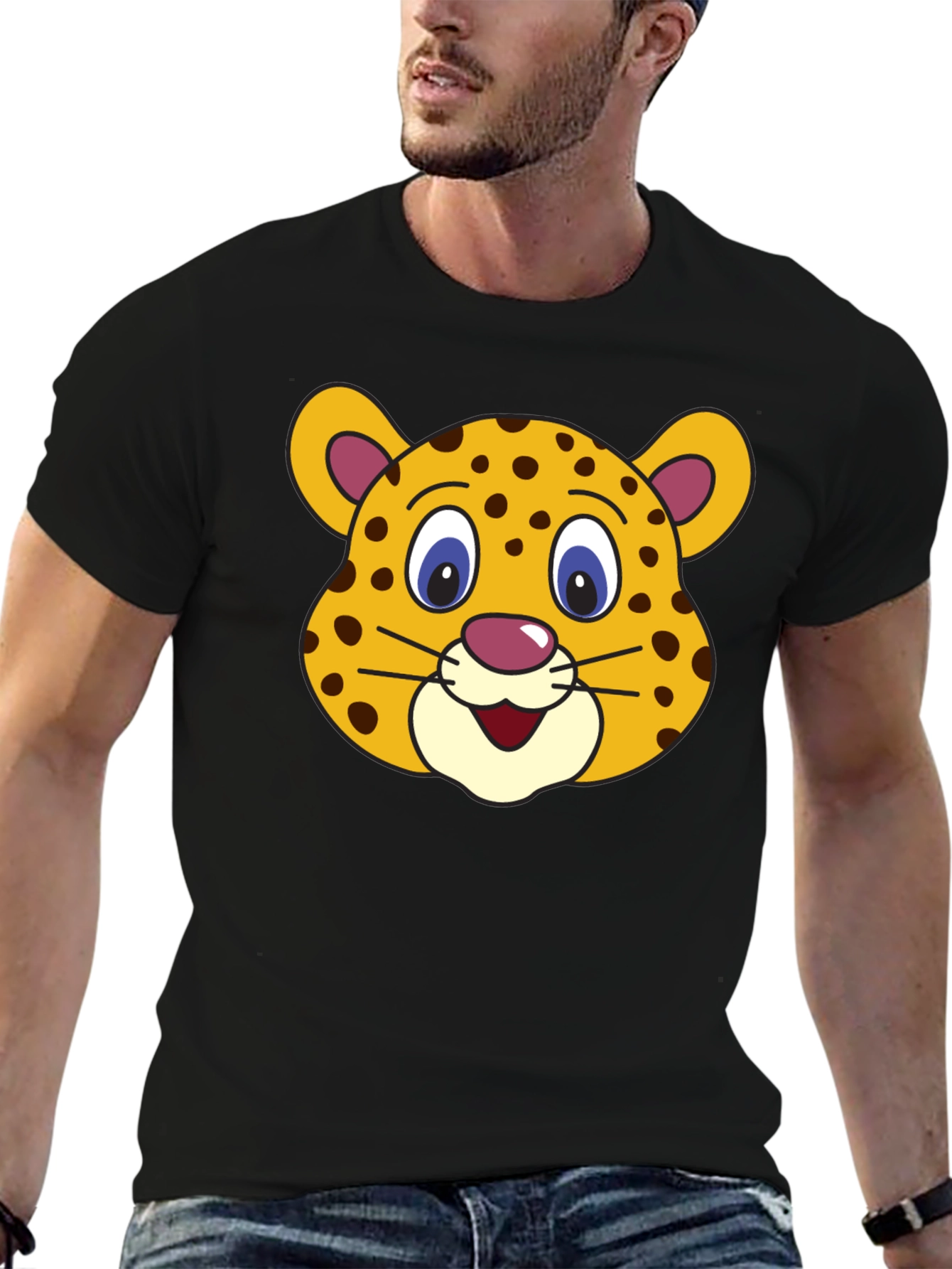Camiseta Negra con Estampado de Leopardo Animado