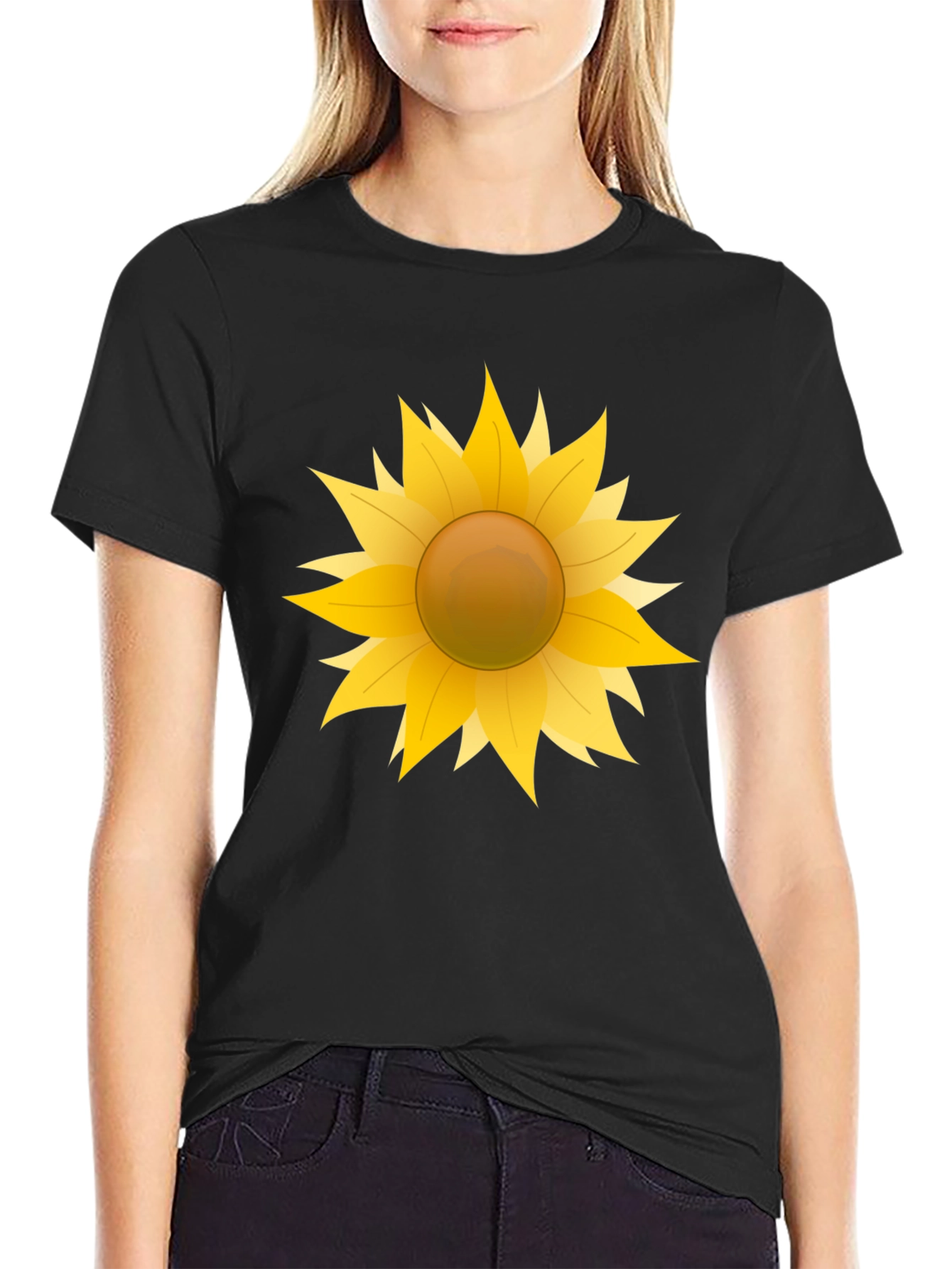 Camiseta Negra con Girasol Gráfico
