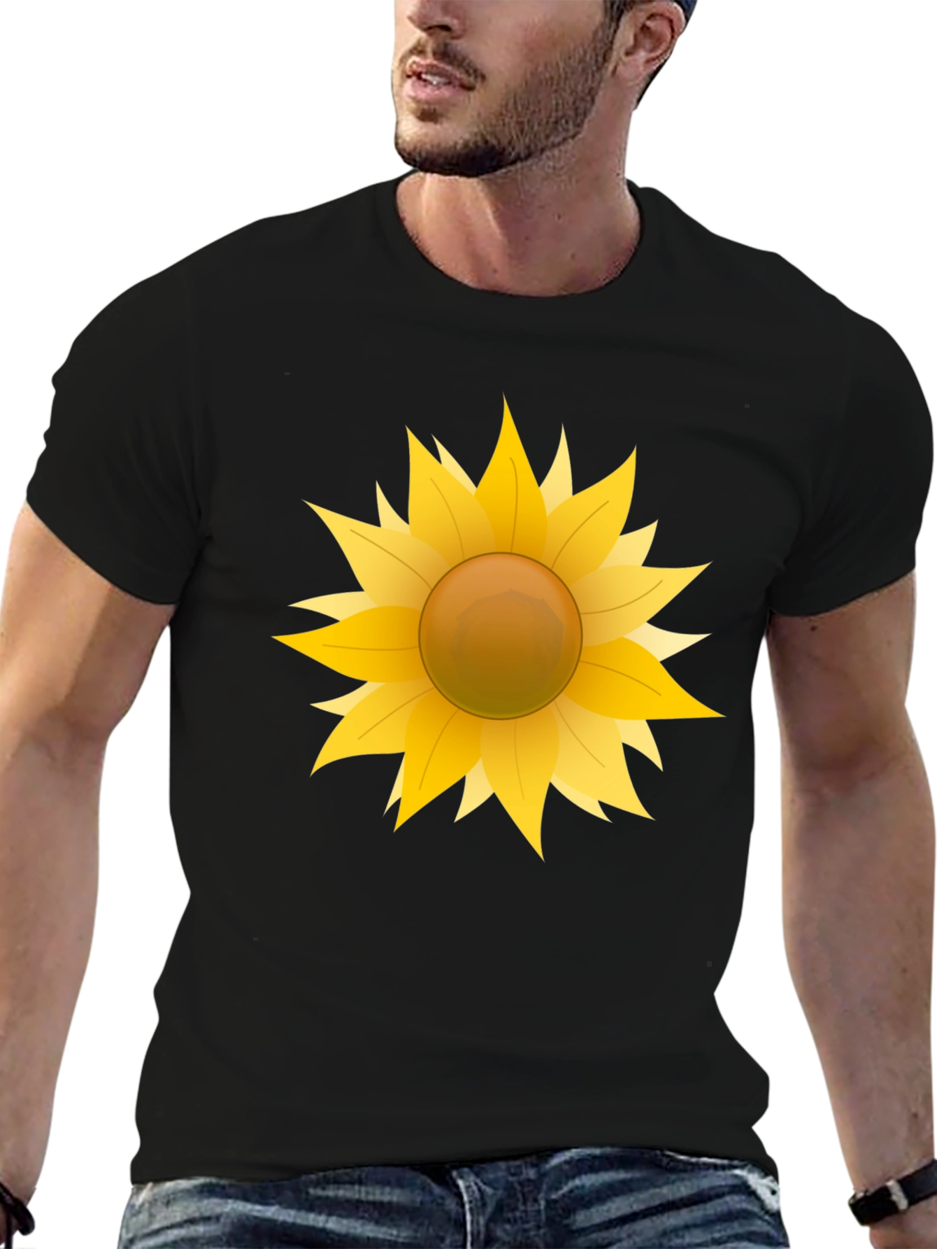 Camiseta Negra con Girasol Gráfico